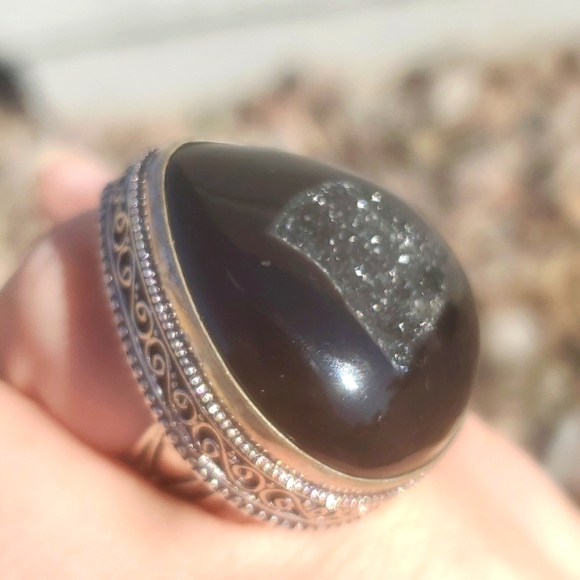 New Oversized Black Agate Druzy 925 Silver Ring. - Picture 15 of 16